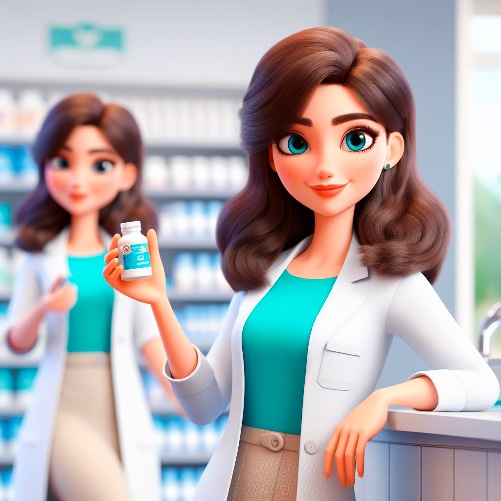 medical, farmacia, farmaceuta, medicamentos, productos, inteligencia artificial, ia, verde, azul, verde menta, mujer, mujer joven, medico, hospital.